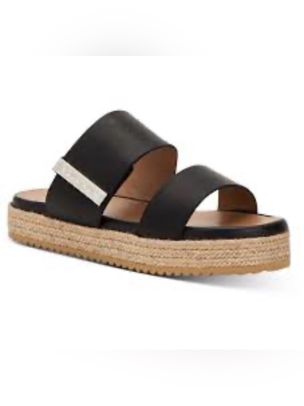 Aquatalia Mae Black Leather Double-Strap Espadrille Slide Sandals with Jute Heel